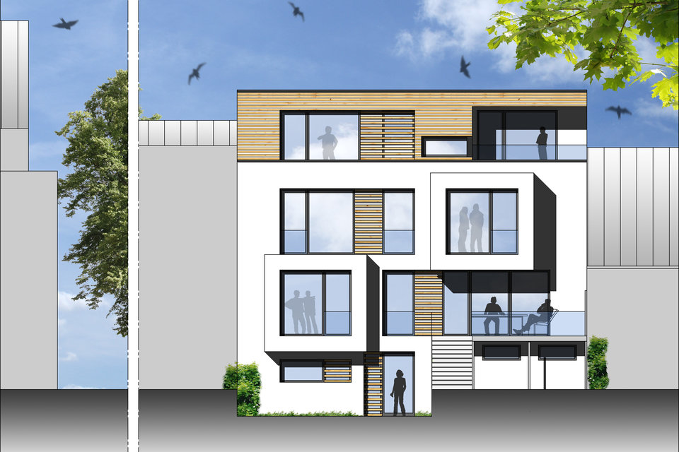 Ansicht Garten, Variante Putzfassade mit Holzelementen